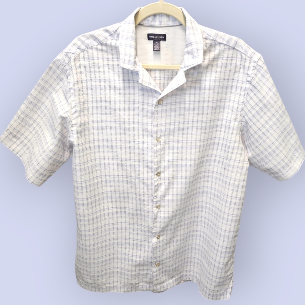 Van Heusen Plaid Seersucker Button-Down Shirt Size Medium  15-15 1/2